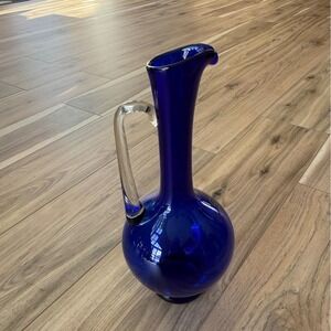 Vintage Handmade in Poland Cobalt Blue Glass Pitcher Vase Clear Handle 12" Tall